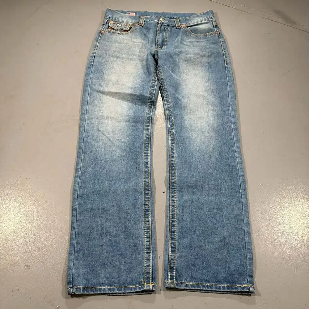 True Religion Vintage Embroidered Ricky Straight Jeans Flap Pockets Mens 36x33